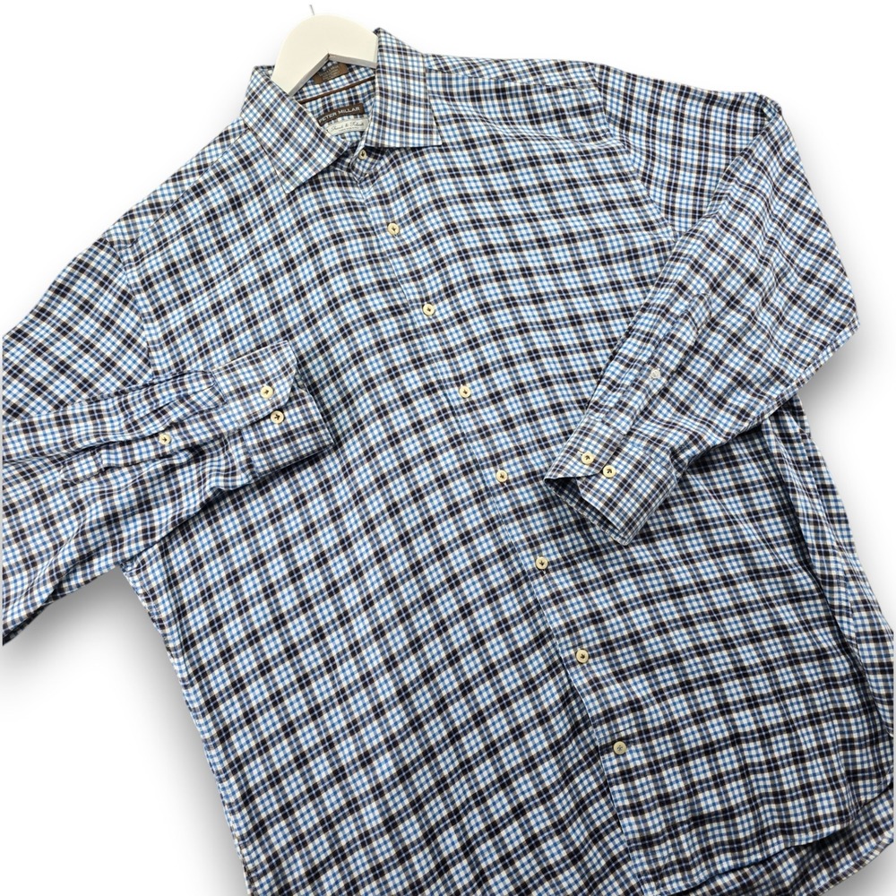 Peter Millar Mens XL Blue Brown Plaid Cotton Grandi Rubinelli Button Down Shirt